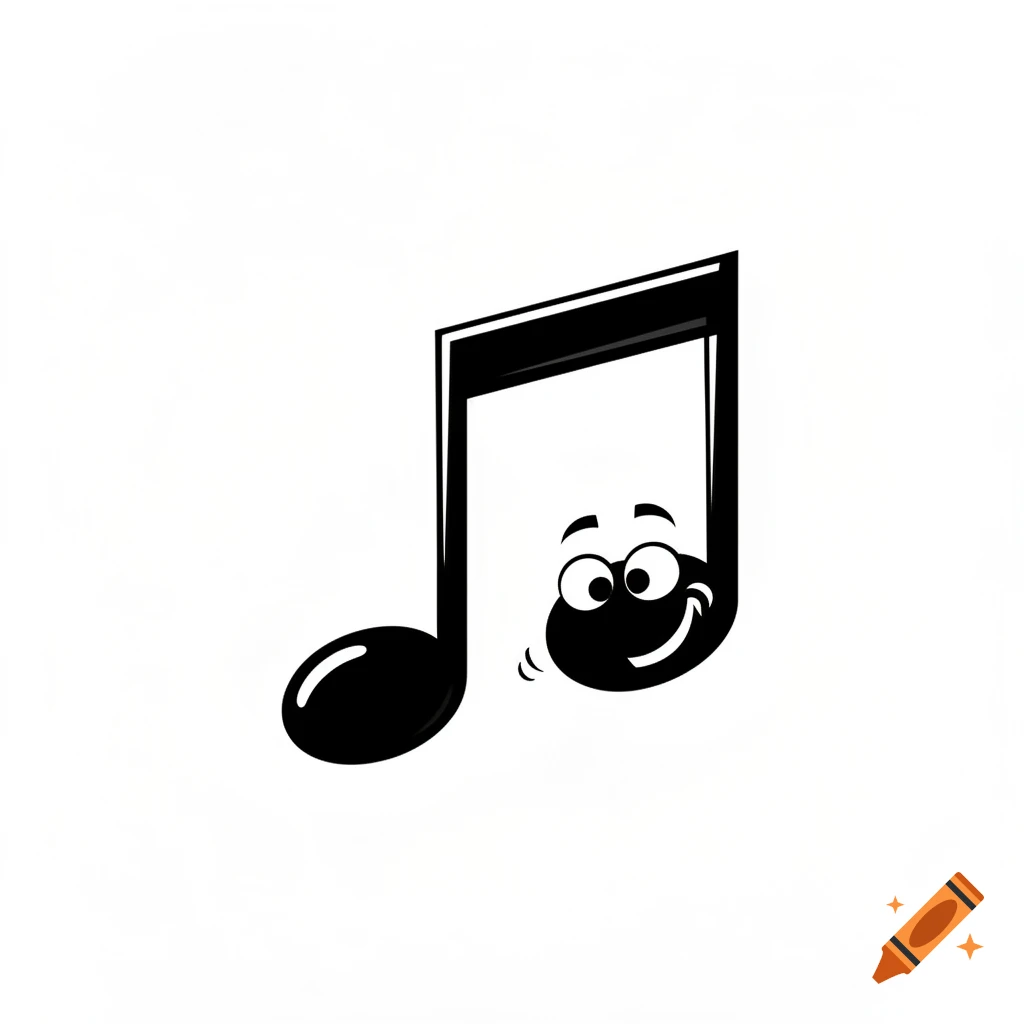 A black musical note with a cheerful cartoon face on a white background.