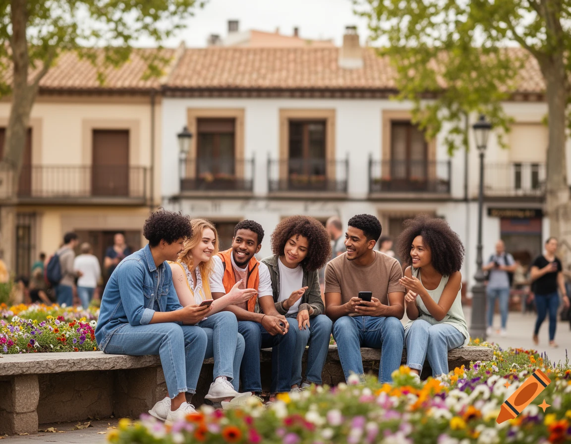 Diverse young people sit on a stone bench in an urban square, talking and smiling among colorful flowers, with buildings in the background. Photorealistic.
