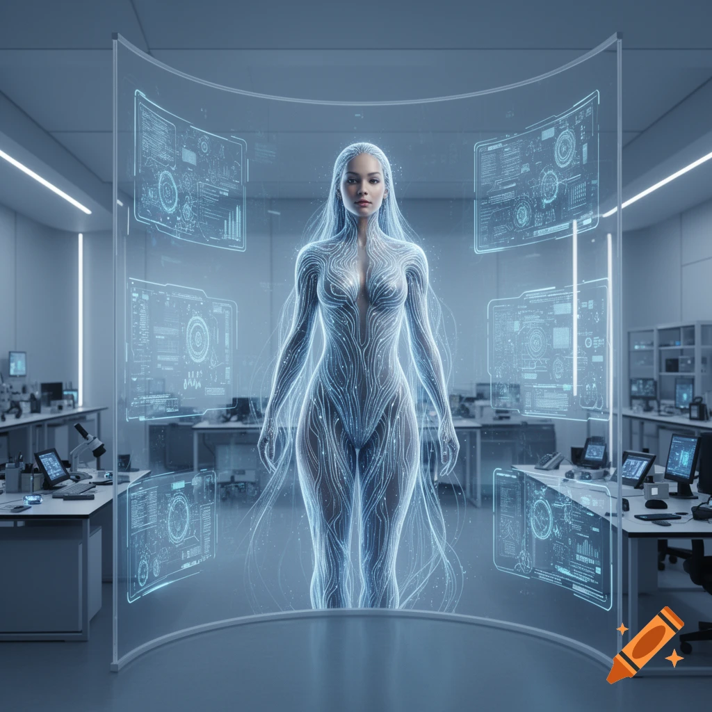 Ethereal female figure of glowing lines in a futuristic lab with holographic data screens.