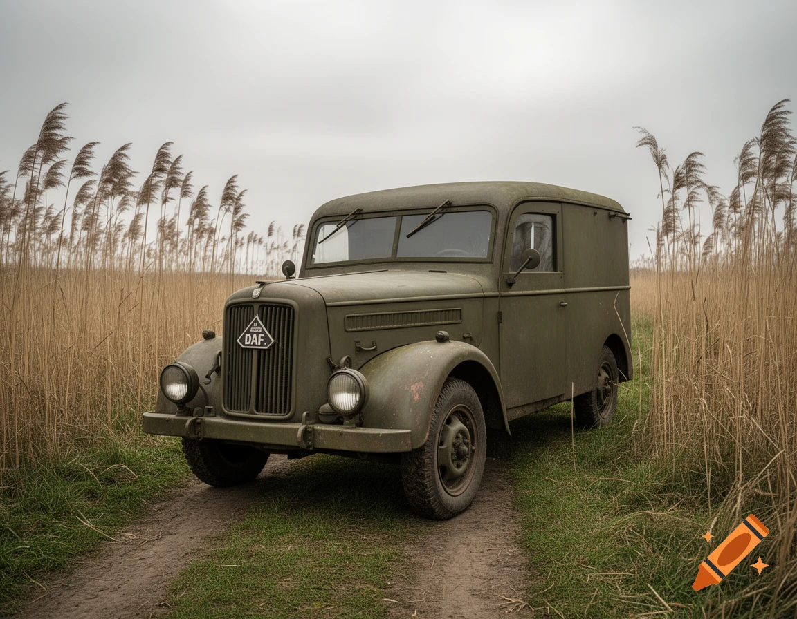 An olive-green vintage DAF truck sits on a dirt path amidst tall, dry reeds under a gray, overcast sky.