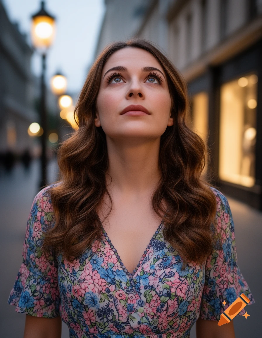 A woman in a floral dress looks up towards bright streetlights on a city street at dusk.