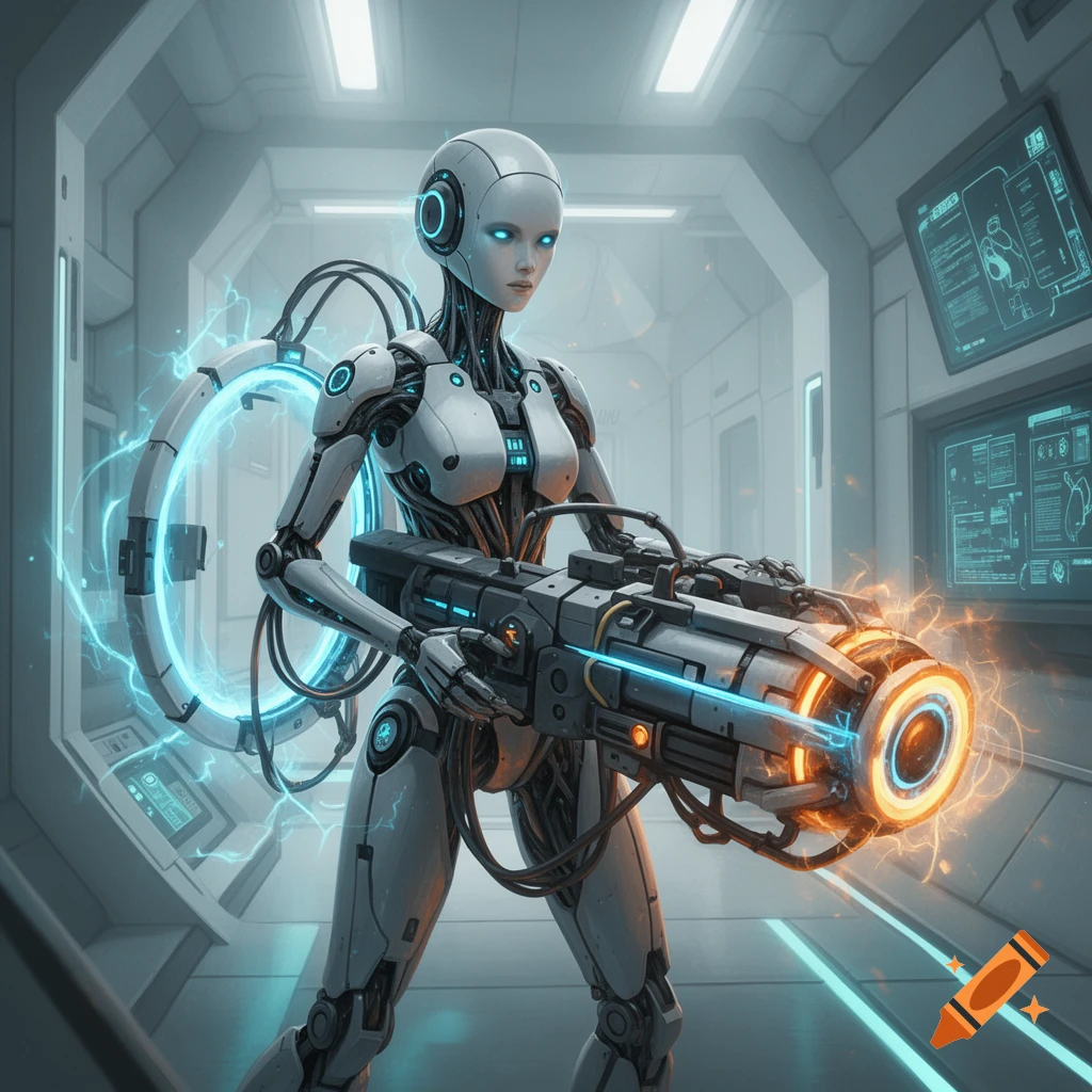 A white and grey humanoid robot with glowing blue eyes holds a futuristic weapon emitting orange and blue energy in a sci-fi corridor.