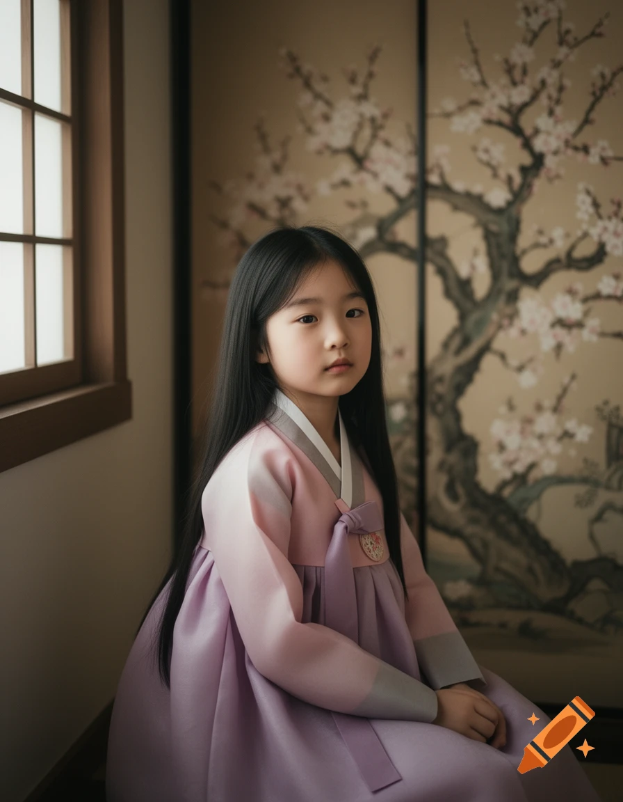 A photorealistic portrait of a young Korean girl with long black hair, wearing a pink and purple hanbok, sitting in front of a window and a screen with cherry blossom art.