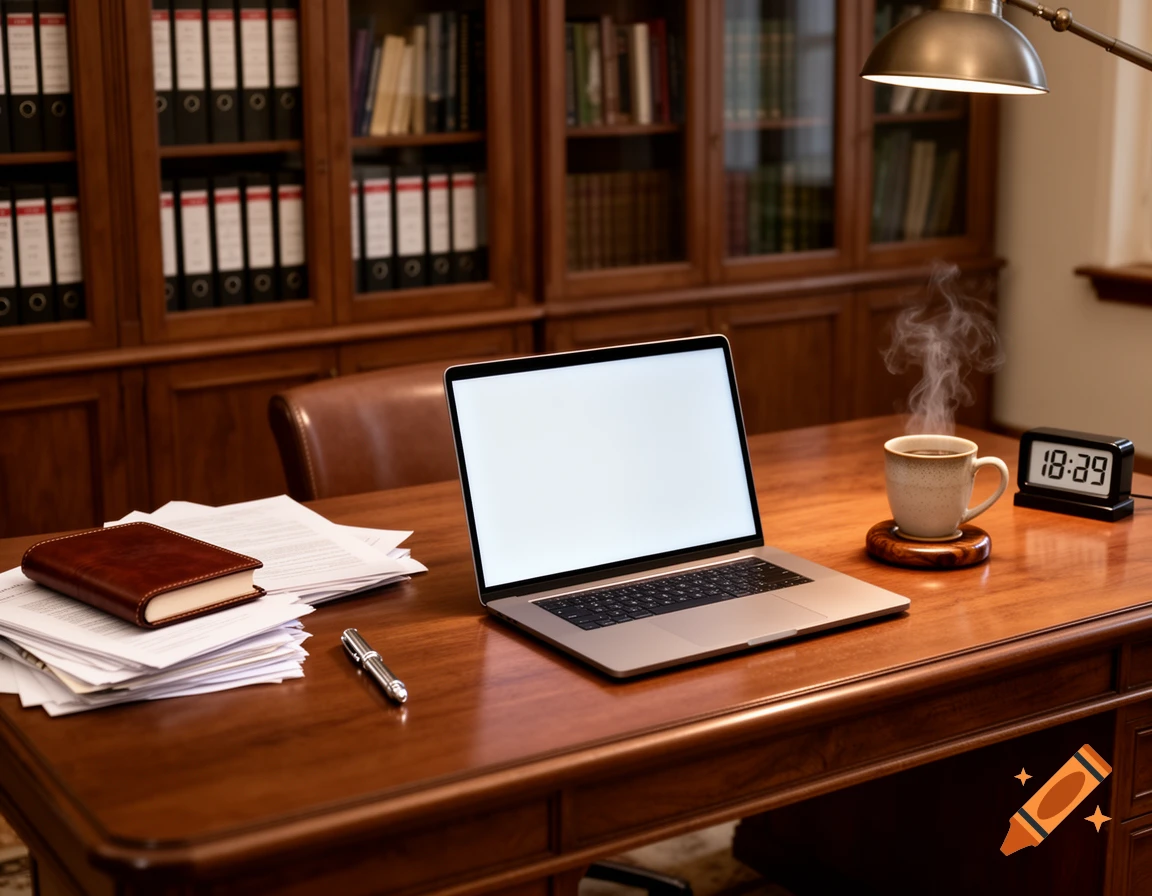 A neatly organized wooden office desk with a laptop, a steaming coffee cup, documents, a pen, and a digital clock.