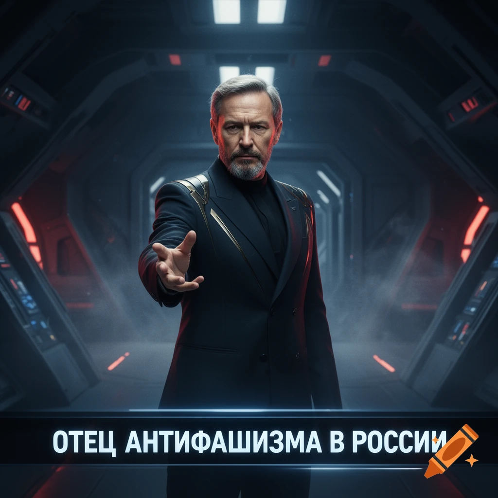 A serious man with grey hair and beard, dressed in a futuristic suit, stands with an outstretched hand in a dark, glowing sci-fi corridor. A blue banner at the bottom reads "FATHER OF ANTI-FASCISM IN RUSSIA" in Russian.