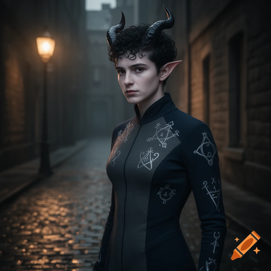 A pale-skinned tiefling with short horns and curly black hair stands on a wet, misty cobblestone street under a streetlamp.