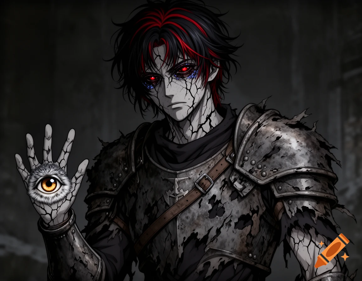 A dark fantasy anime-style character with cracked skin, red eyes, and an eye embedded in his left palm, wearing torn armor.