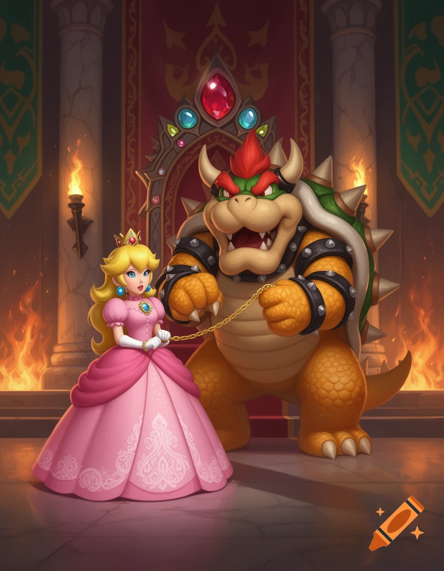 Cartoon of Bowser holding Princess Peach on a leash in a castle with flaming torches.