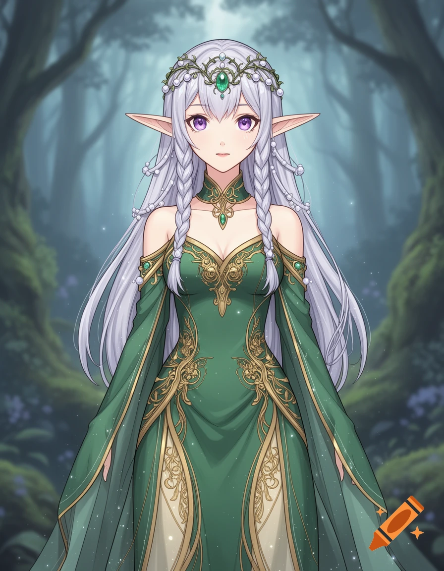 An anime elf girl with silver braided hair, purple eyes, and a green and gold dress stands in an enchanted forest.
