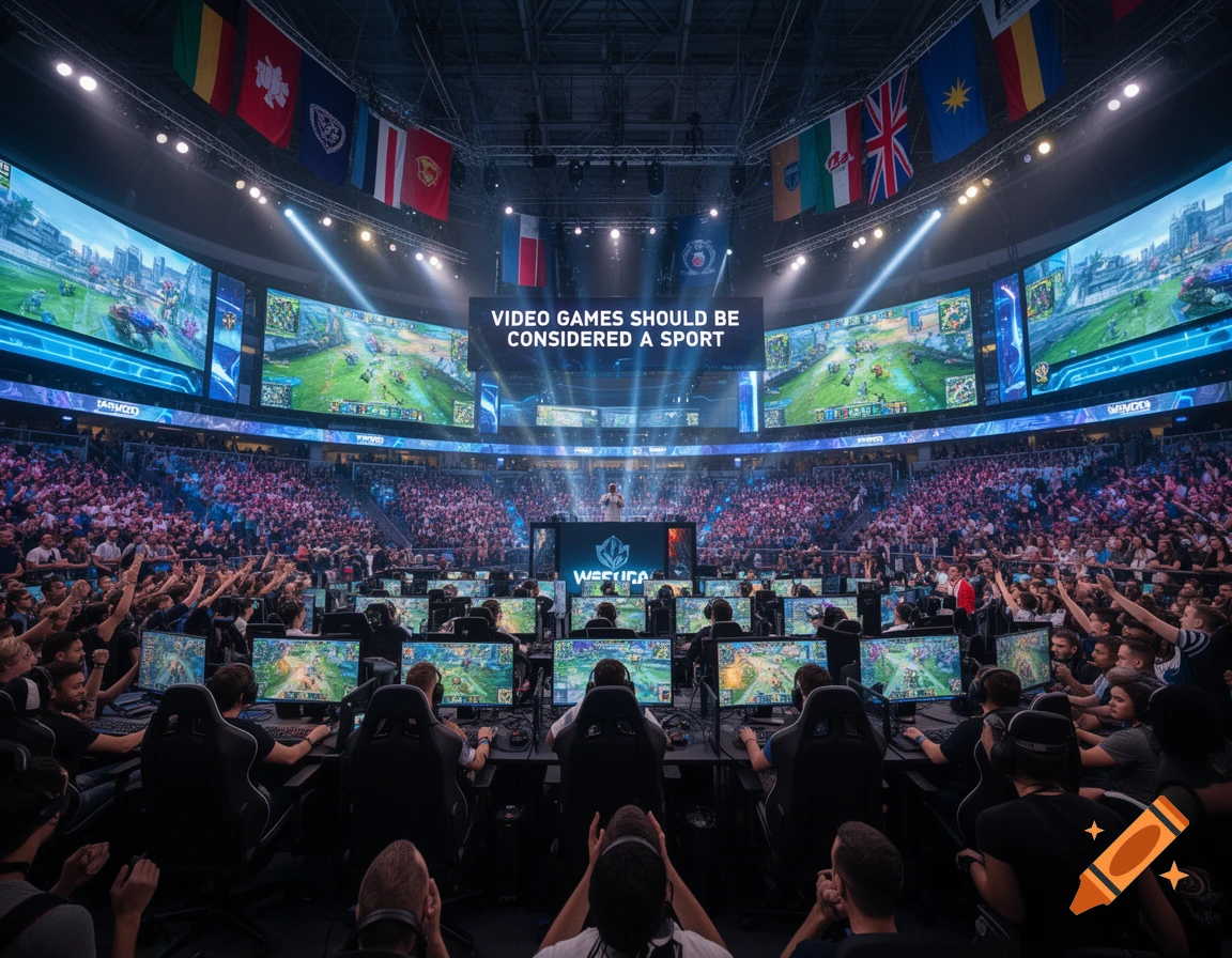 Large esports arena filled with a crowd watching gamers compete, with multiple screens displaying gameplay and a banner reading 'VIDEO GAMES SHOULD BE CONSIDERED A SPORT'.