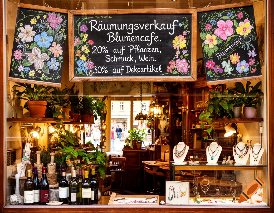 A clear view through a shop window, displaying chalkboards advertising a "Blumencafe" sale, with potted plants, wine bottles, and jewelry.