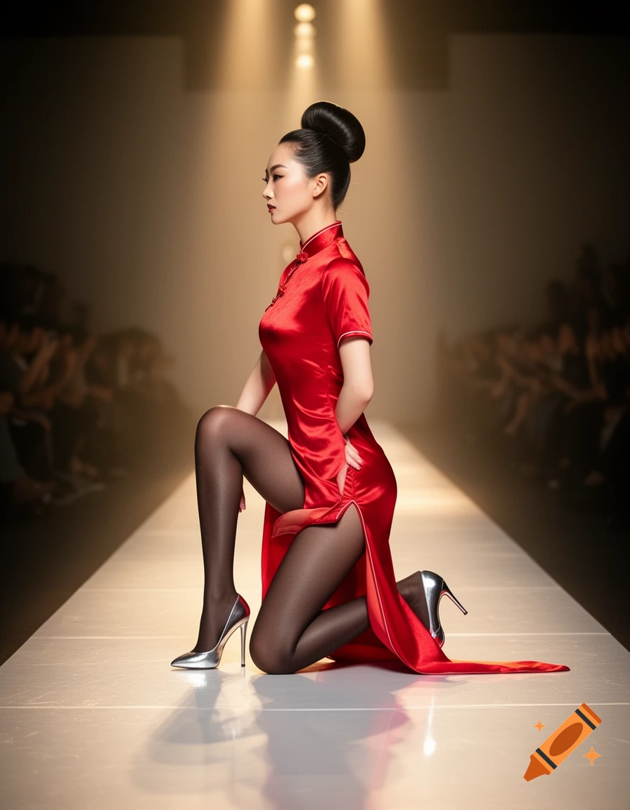 A Chinese woman with a bun in a red high-slit cheongsam and black stockings kneels on a runway under spotlights.