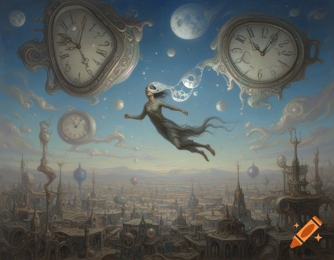 A masked figure floats above a vast, alien city under a sky with melting clocks and moons, in a surreal, dreamlike painting style.