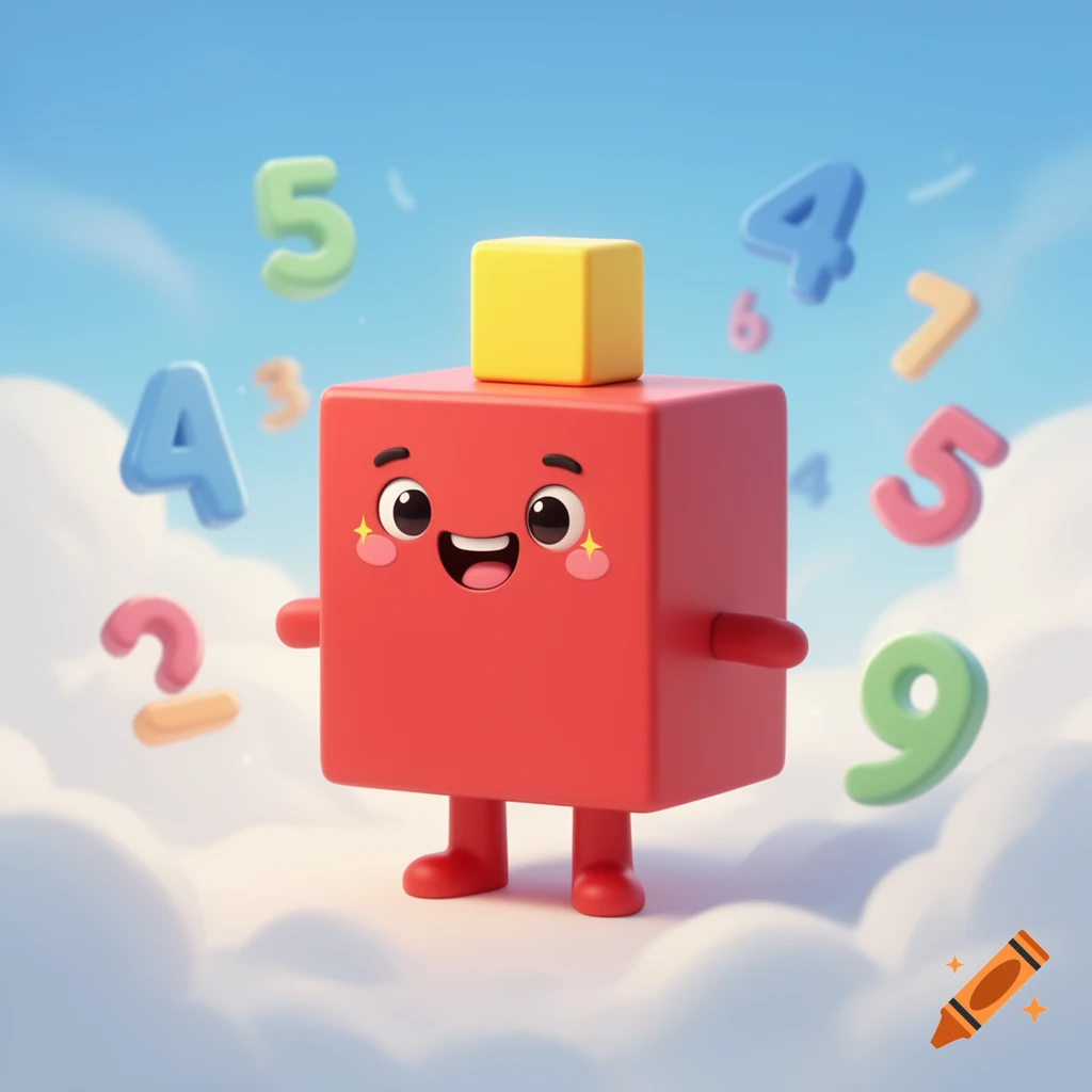 A cheerful red block character with a yellow cube on its head, surrounded by colorful floating numbers against a blue sky.