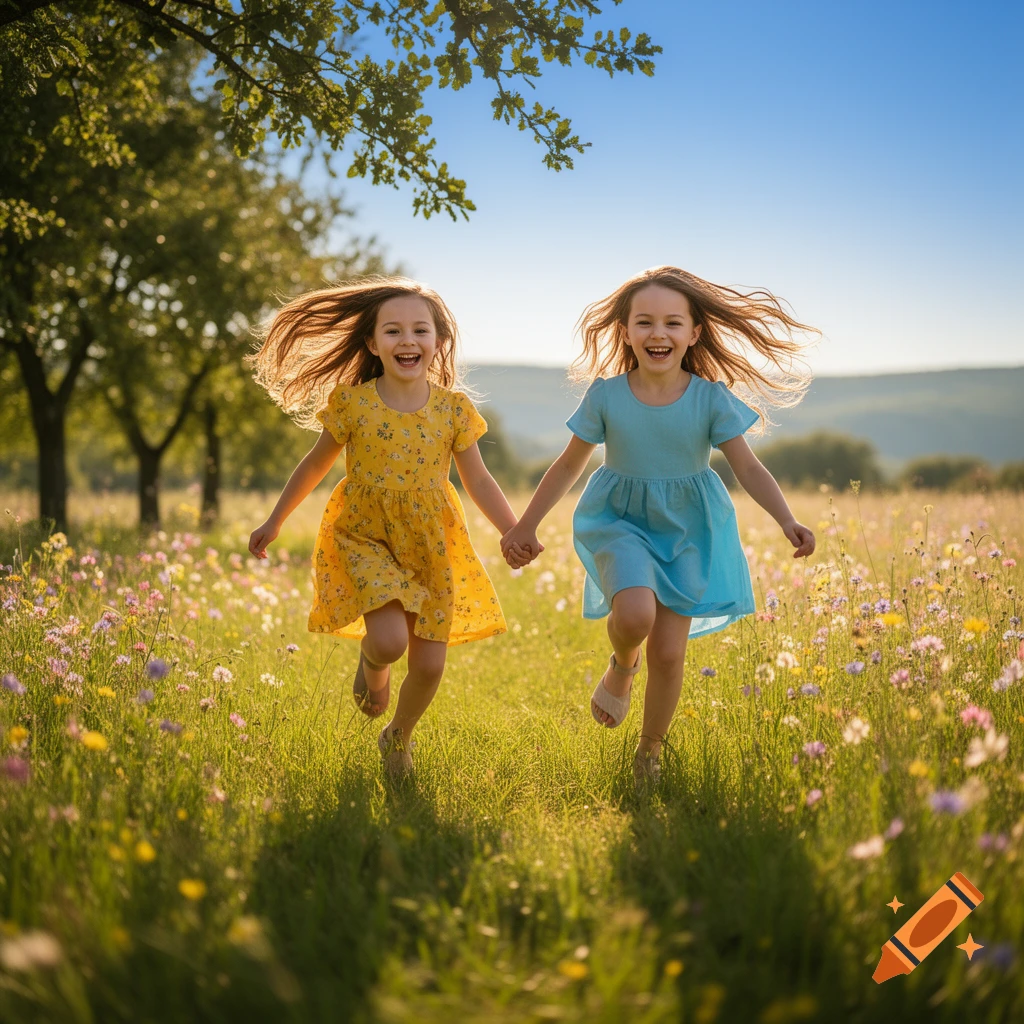 Two happy young girls with flowing hair run hand-in-hand through a sunlit field of wildflowers, with trees and a clear blue sky in the background.