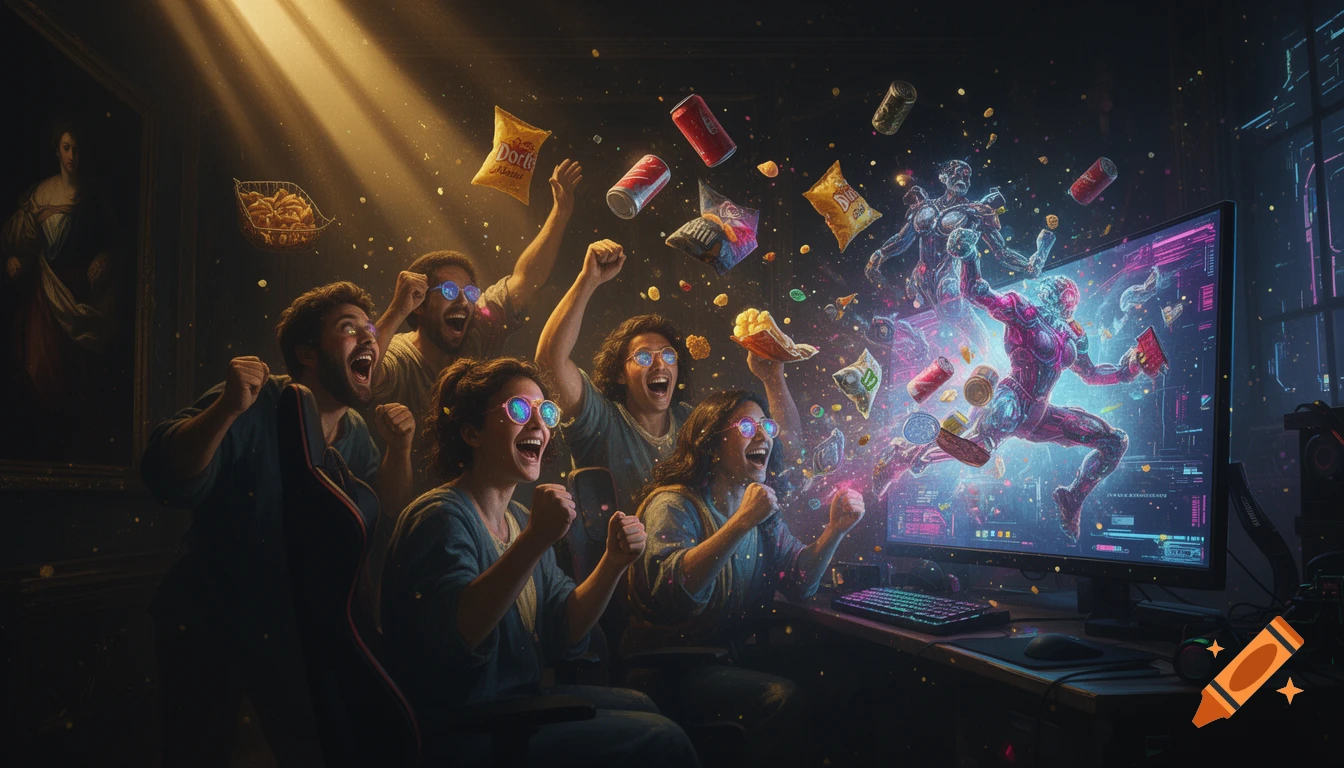 A group of friends excitedly watch a video game, with neon characters and snacks exploding from the screen in a cyberpunk style.