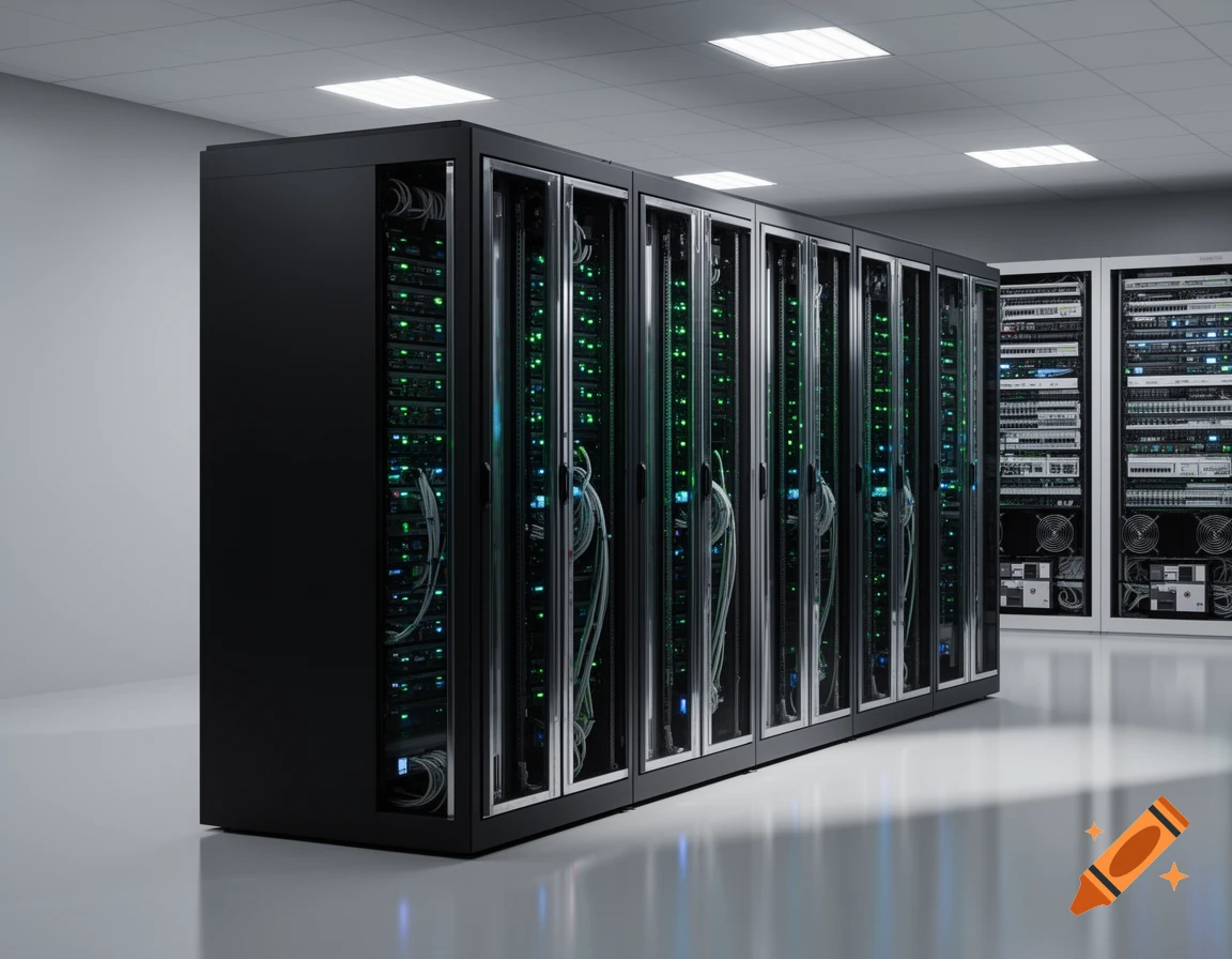 A modern data center with a row of black server racks glowing green, next to white racks in a clean room.