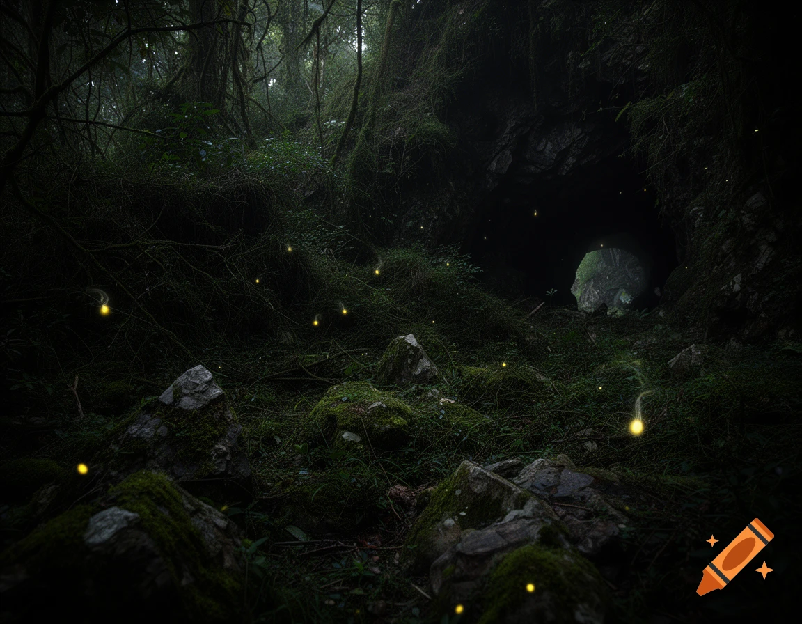 Photorealistic image of a dark, deep, mossy forest with dense undergrowth, rocks, and glowing fireflies. A cave entrance is visible in the background on the right.
