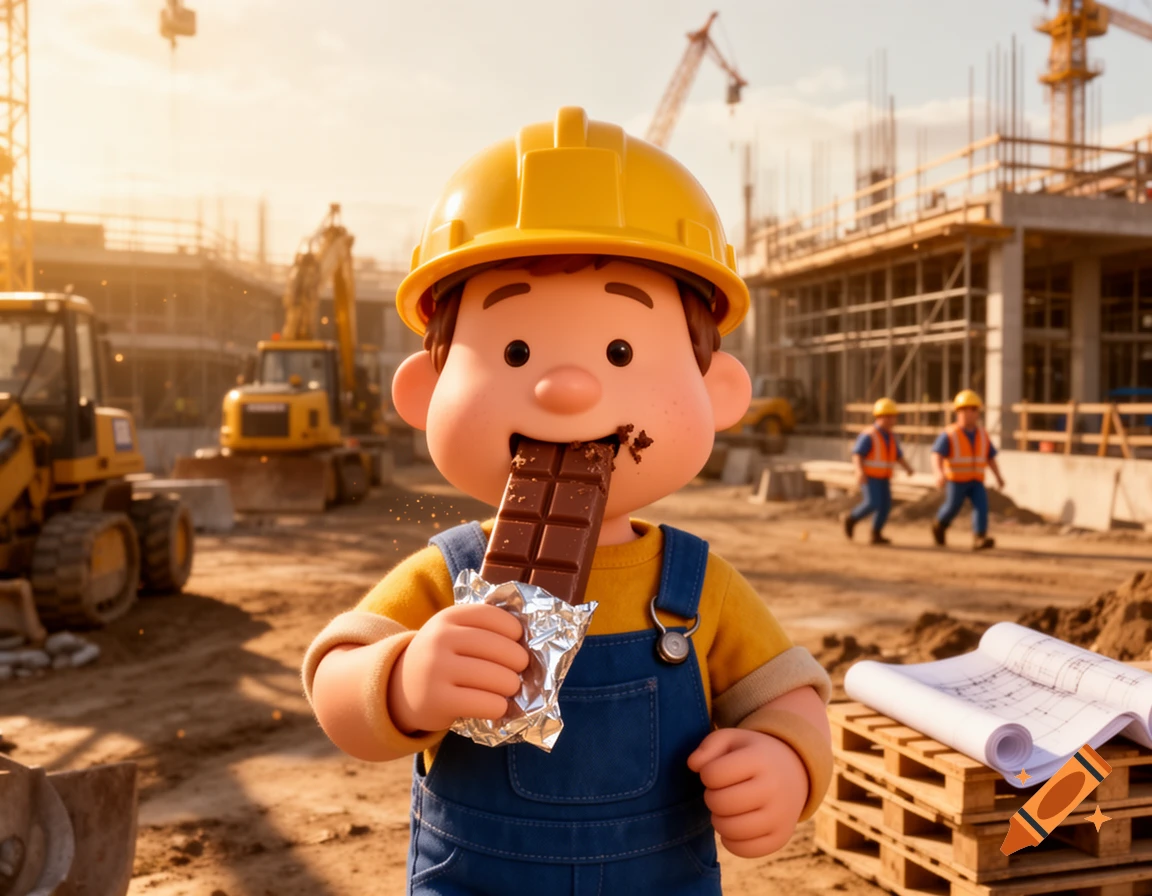 A cute 3D cartoon boy in a yellow hard hat and overalls bites a chocolate bar at a sunny construction site.