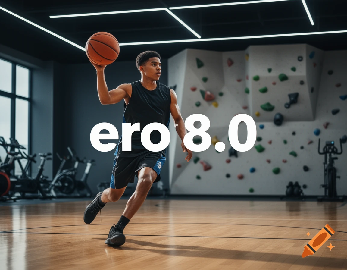 A young man in athletic wear plays basketball on a court in a modern gym with a climbing wall in the background, overlaid with 'ero 8.0'.