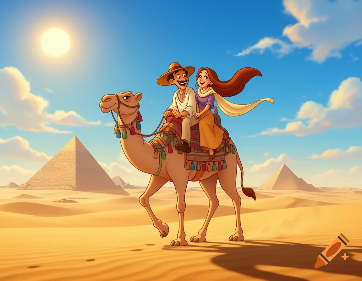 Cartoon man and woman riding a camel across a sunny desert with pyramids in the background.