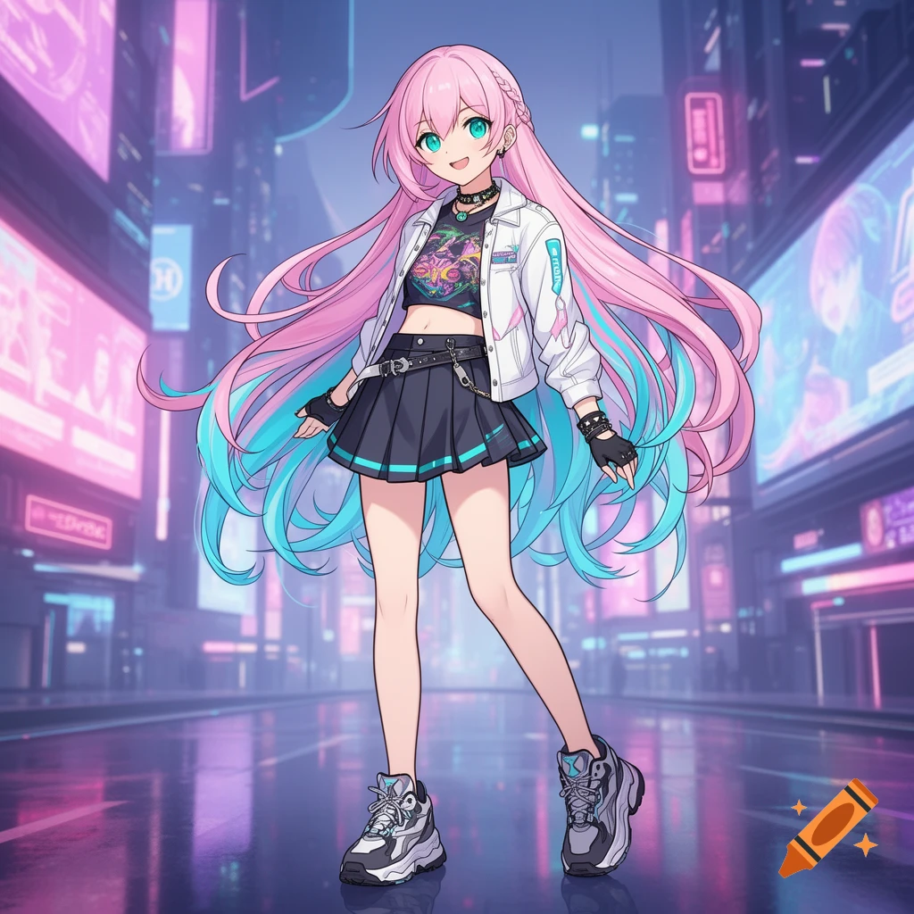 An anime girl with long pink and blue hair, wearing a white jacket, black crop top, and black skirt, stands in a neon-lit cyberpunk city at night.