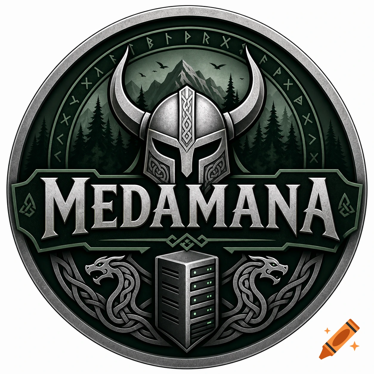 A detailed, circular Viking-themed logo featuring a horned helmet, 'MEDAMANA' text, mountains, dragons, and a server rack in dark green and silver.