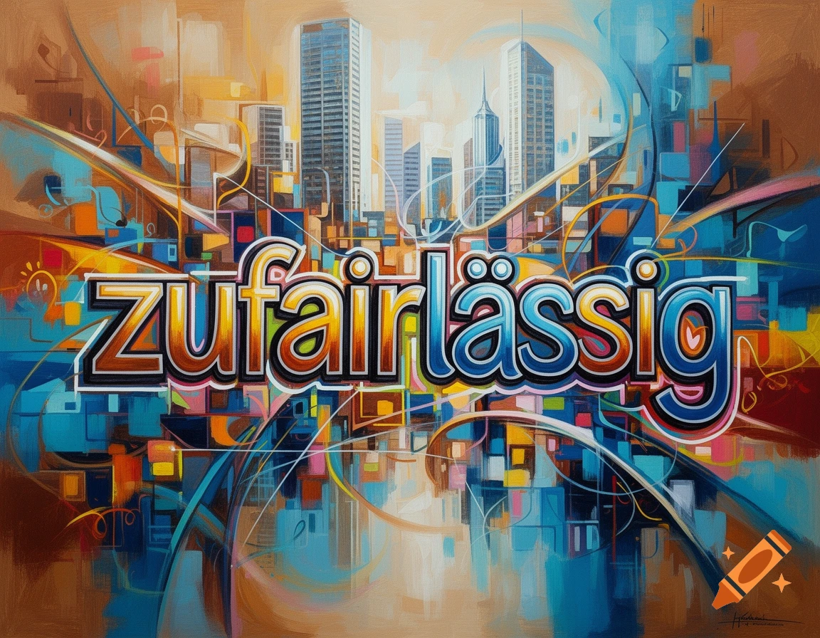 Vibrant abstract urban painting with the word 'zufairlässig' in bold, graffiti-style letters over a city skyline background.