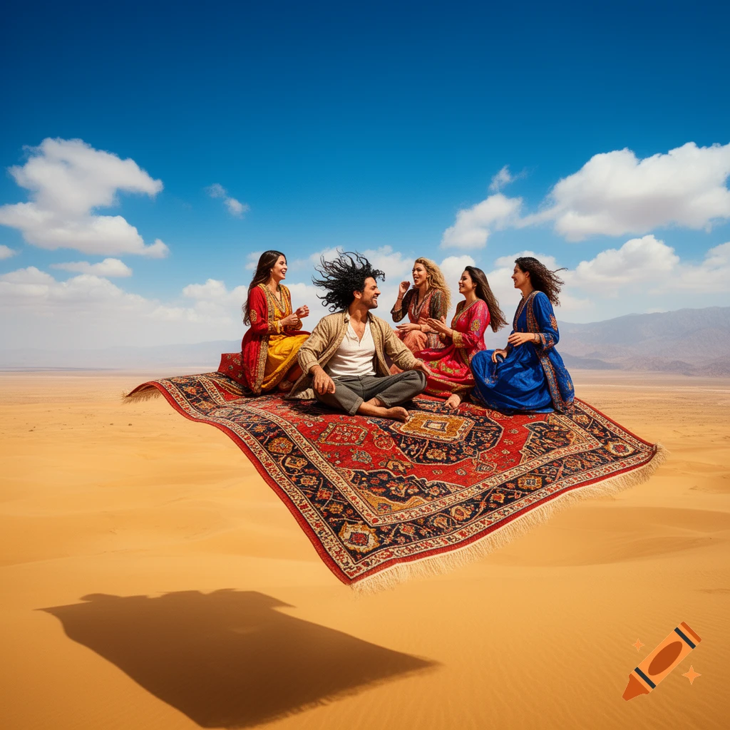 A group of diverse people on a vibrant red flying carpet soaring over a vast desert under a blue sky.