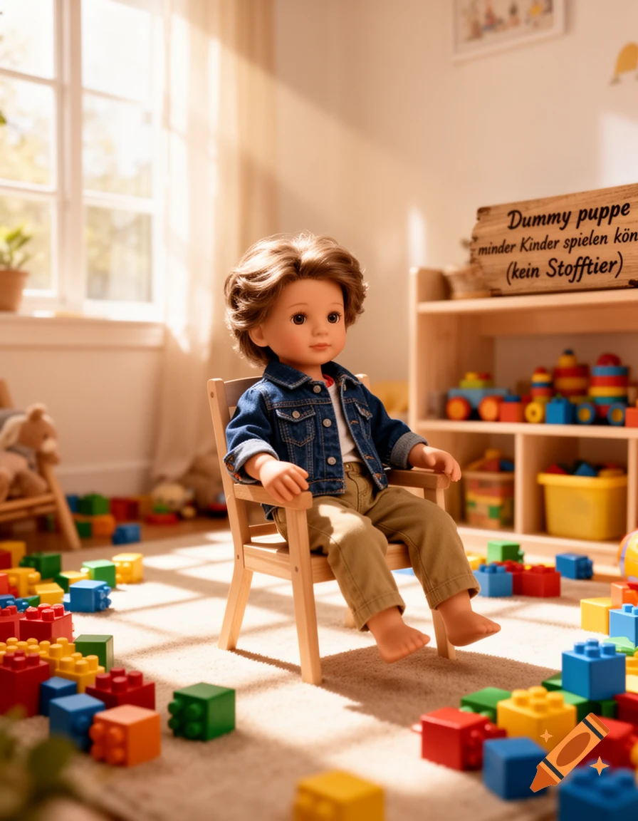 A lifelike doll with brown hair and a denim jacket sits on a wooden chair in a sunlit playroom filled with colorful building blocks.
