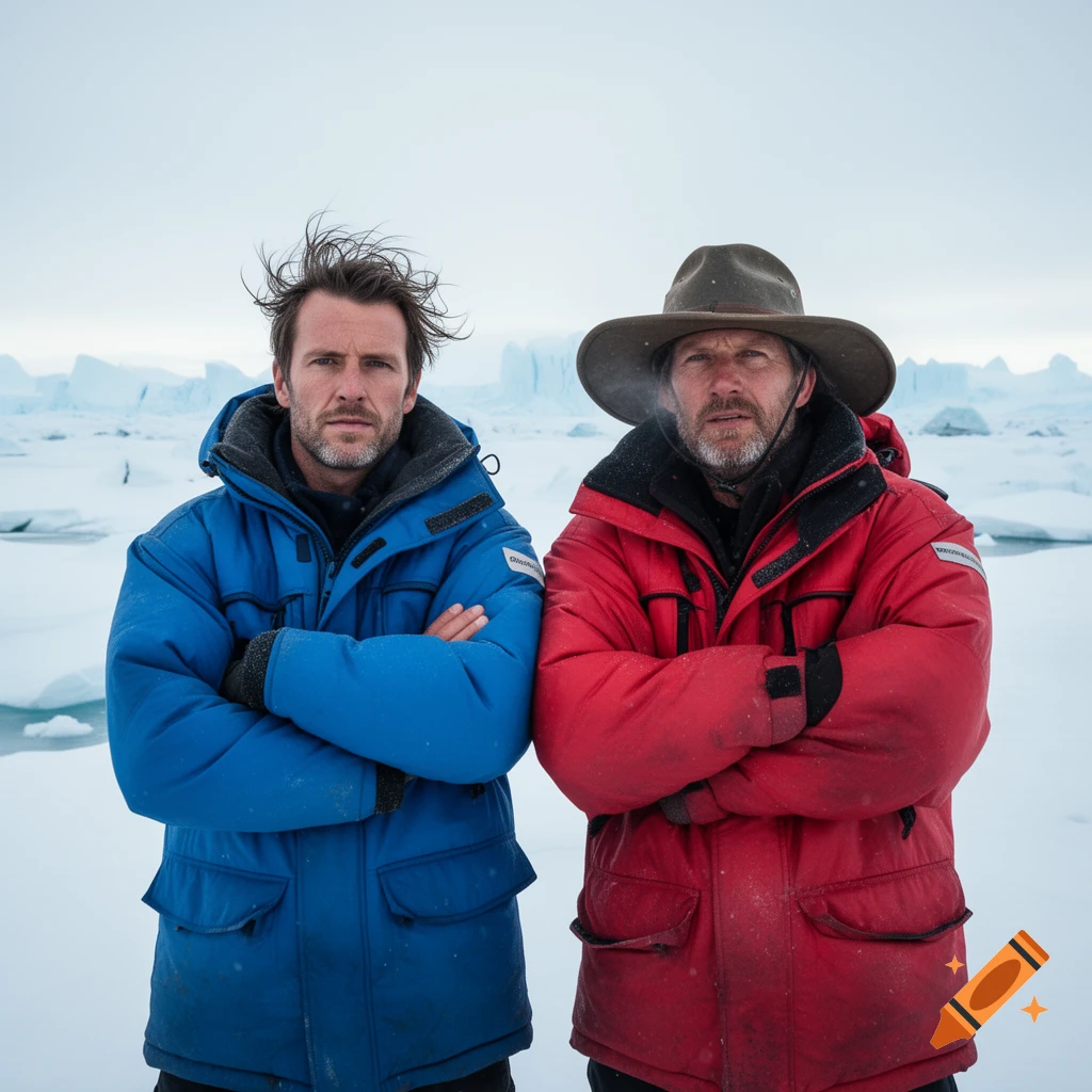 Two male polar explorers, one in a blue coat and one in a red coat, stand with crossed arms in an icy arctic landscape.