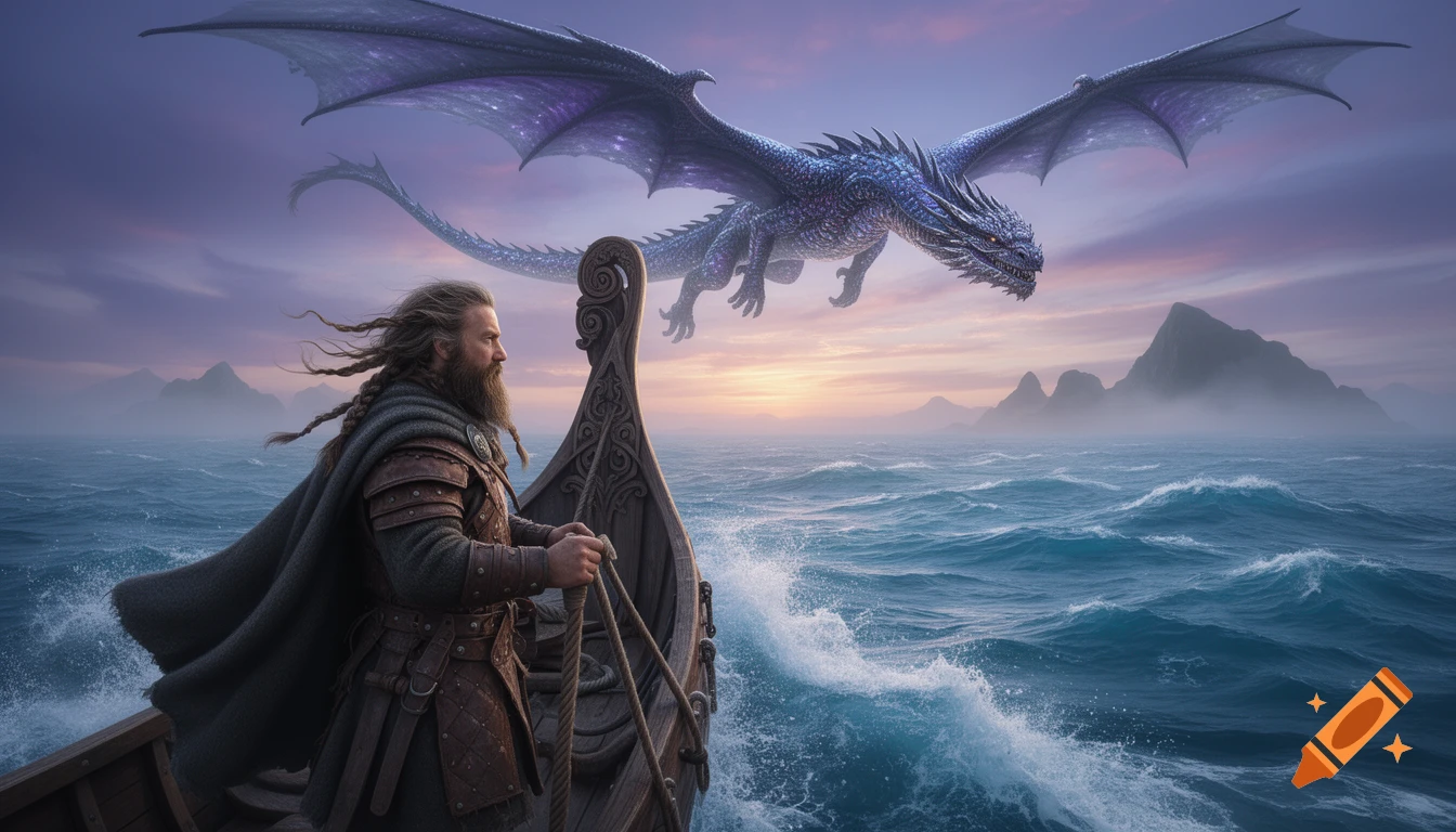 A bearded Viking steers a longboat on choppy seas, gazing at a majestic blue dragon flying overhead during a colorful sunset.