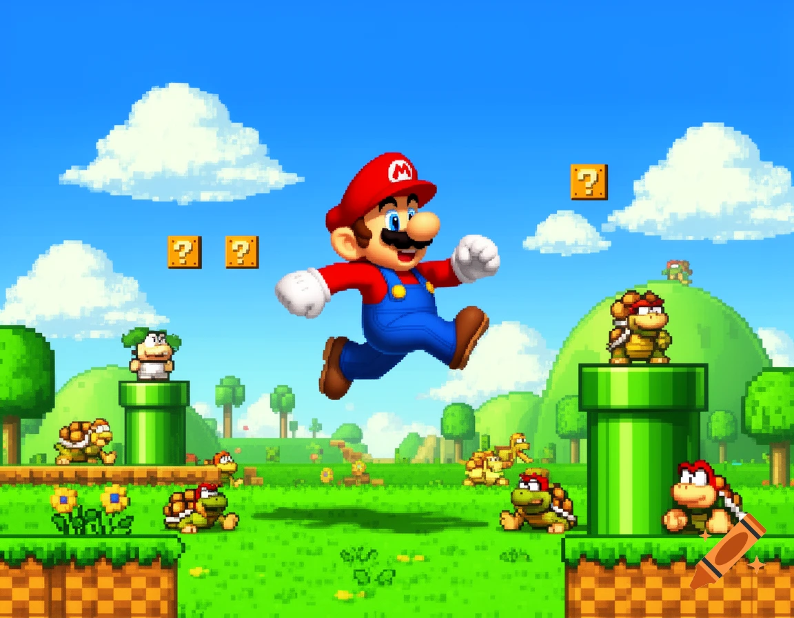 Mario jumps over green pipes and enemies in a vibrant pixel art landscape with question blocks and fluffy clouds.