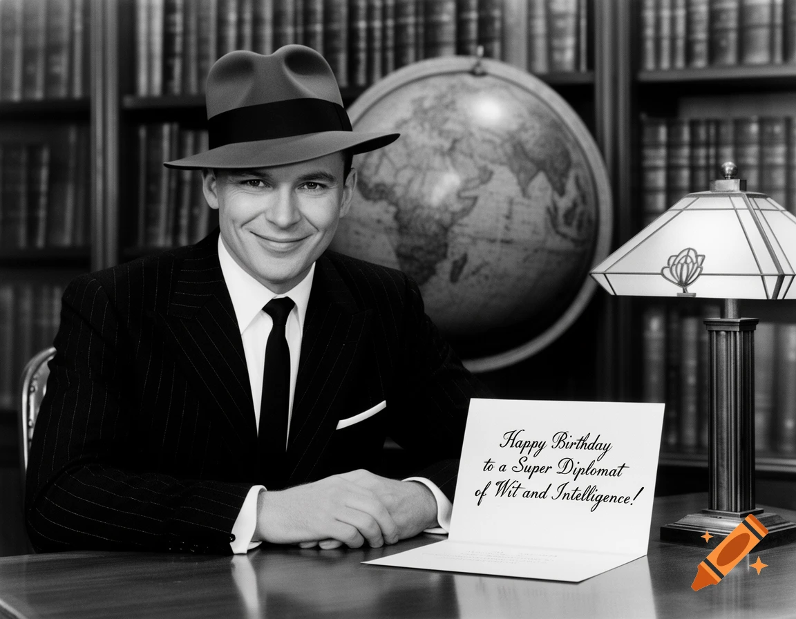 A smiling man in a suit and fedora sits at a desk in a vintage black and white library, a globe and lamp behind him, and a birthday card on the desk.