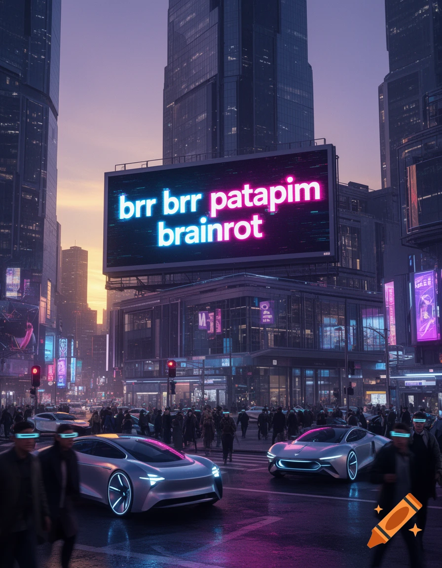 A neon-lit futuristic city street at dusk with sleek cars, pedestrians, and a billboard displaying 'brr brr patapim brainrot'.