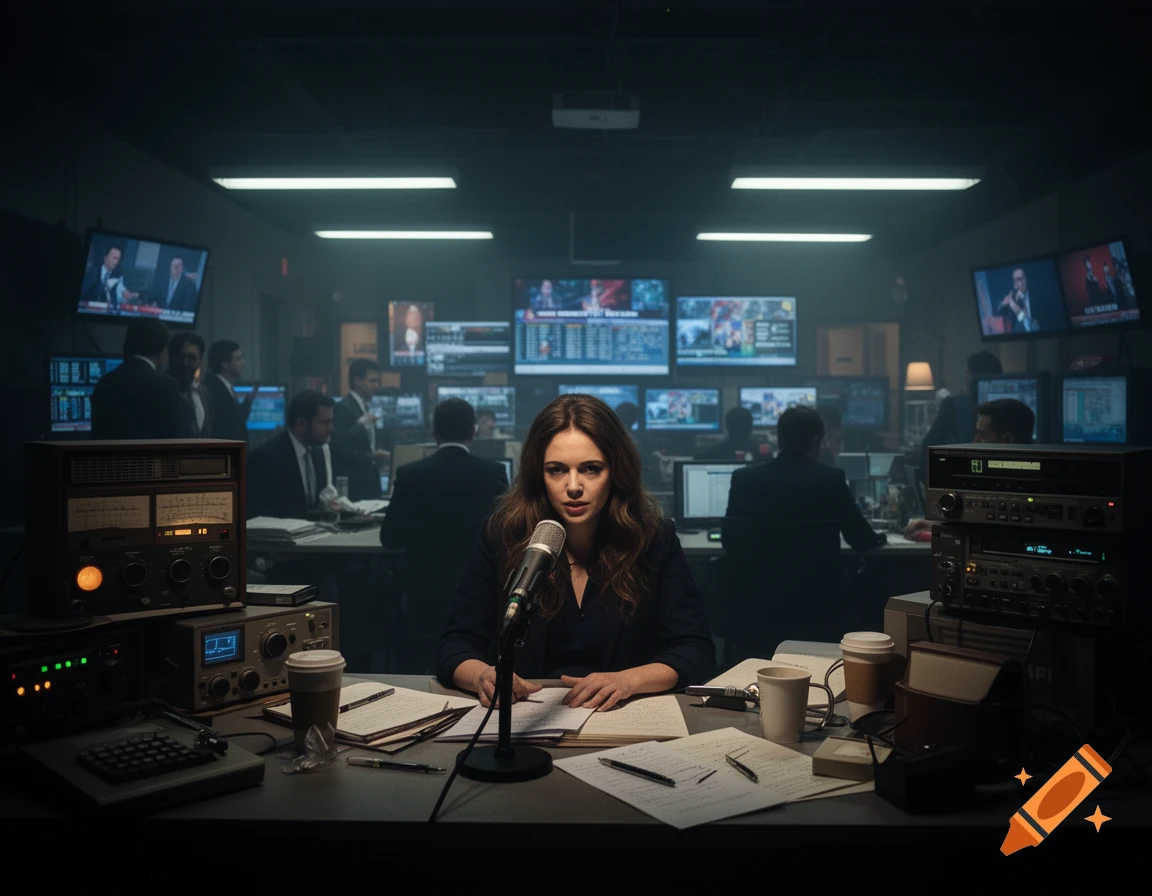 A female journalist sits at a desk with a microphone, surrounded by broadcasting equipment and multiple screens displaying various feeds in a dark control room, with other staff working in the background.