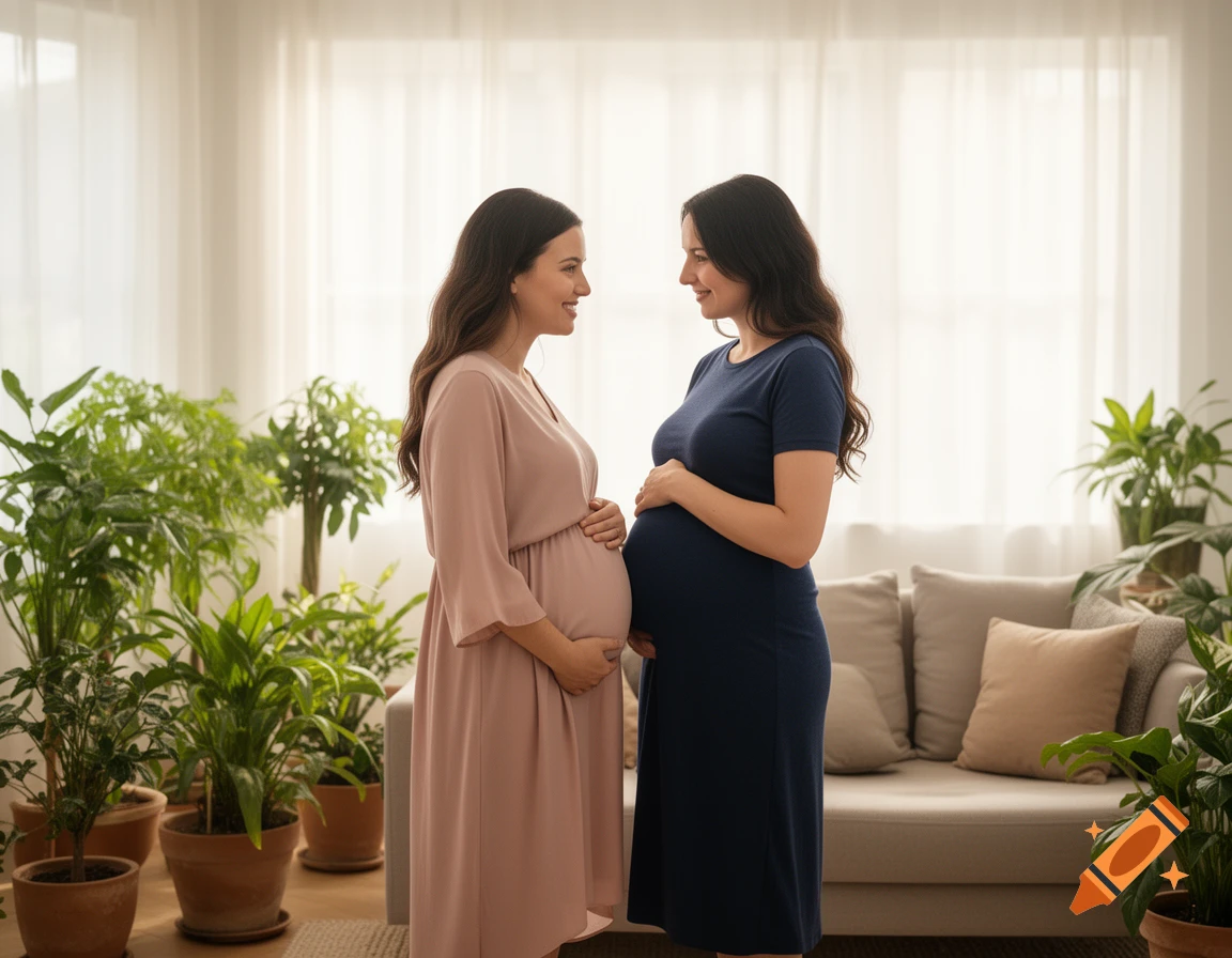 Two pregnant women lovingly gaze at each other while holding their bellies in a bright, plant-filled living room.