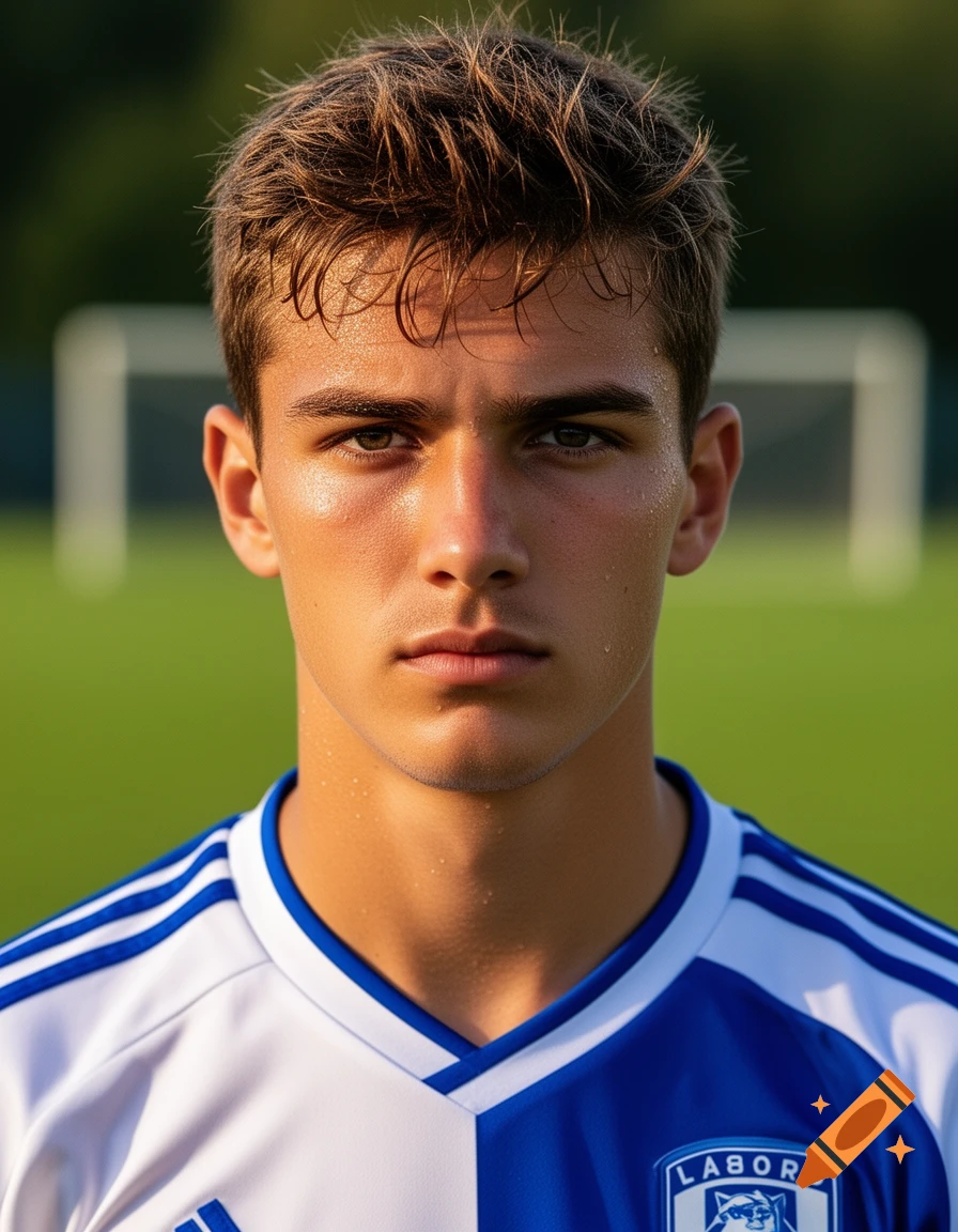 Photorealistic headshot of a young male footballer with short brown hair, wearing a blue and white jersey, on a green field.