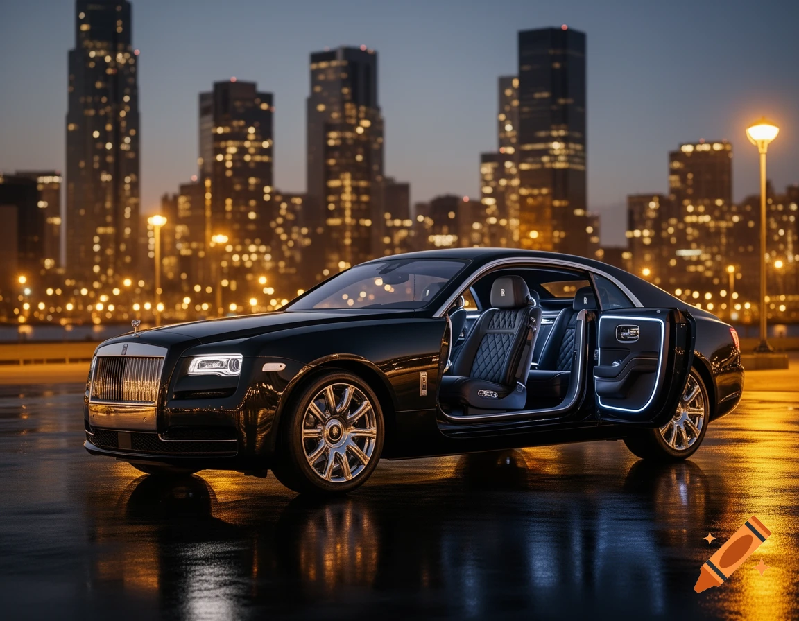 A black luxury car with illuminated interior and open doors, parked on a wet city street at dusk with a blurred skyline.