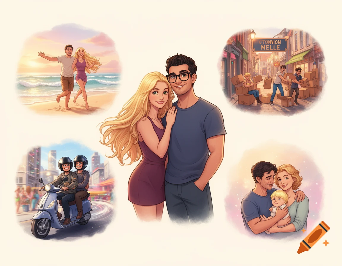 A cartoon illustration of a diverse couple's life journey: running on a beach, moving, riding a scooter, and holding a baby. The couple, a blonde woman and a man with dark hair and glasses, are central figures, surrounded by four circular vignettes.