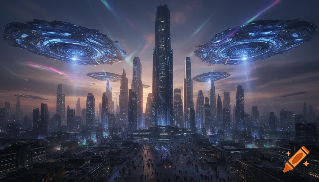 Large alien spaceships hover over a futuristic city with tall skyscrapers, illuminated by otherworldly light.