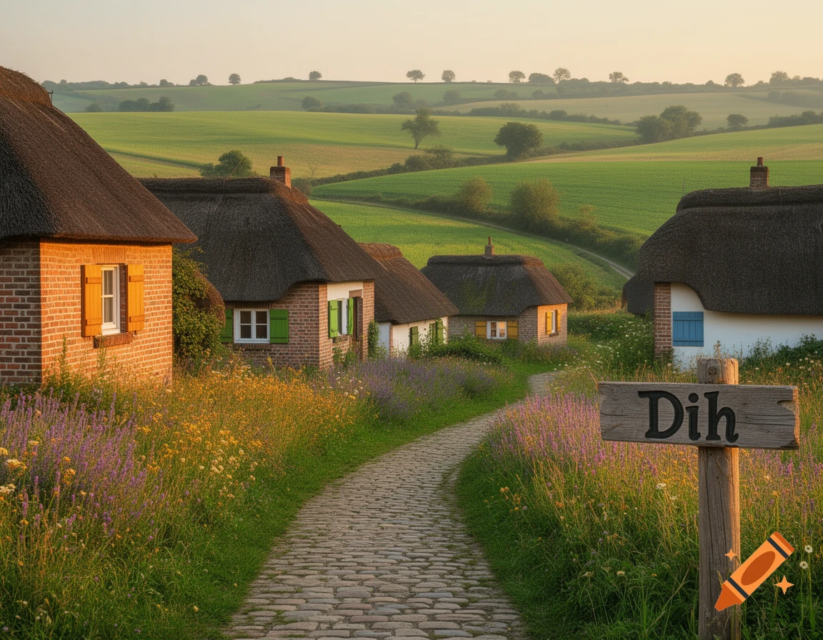 A scenic village with thatched-roof cottages, a cobblestone path, and wildflowers leading to rolling green hills. A sign reads 'Dih'.