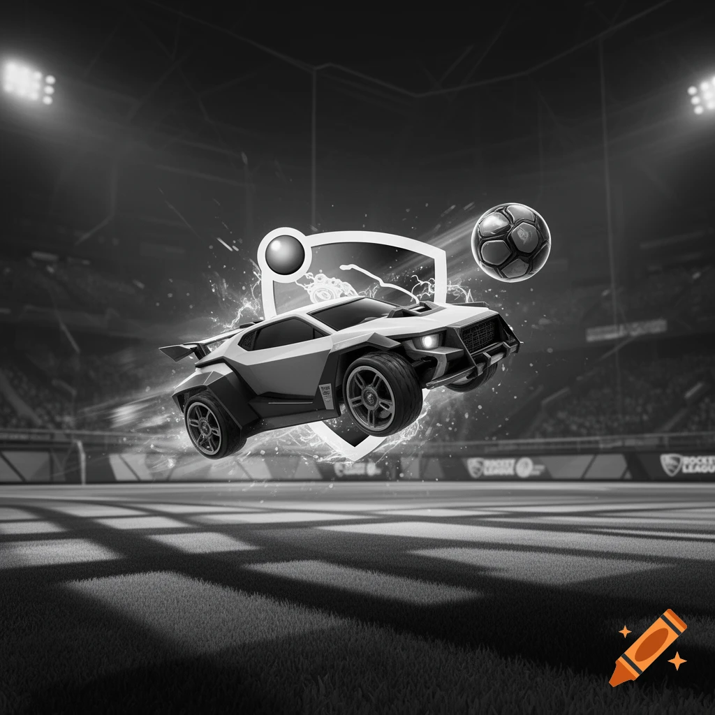 Black and white stylized Rocket League Octane car jumping from a logo to hit a soccer ball in a stadium.