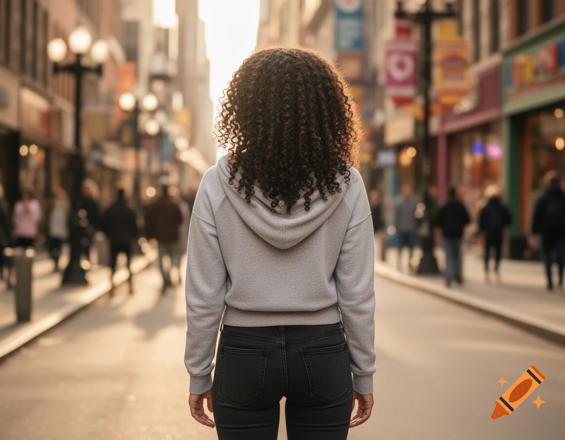 A woman with curly hair walks away down a city street, seen from behind, in golden hour light.