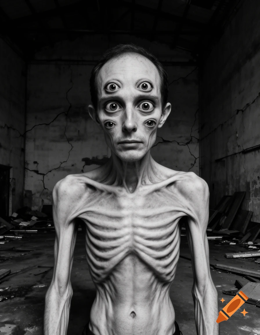 A gaunt, emaciated man with multiple eyes stands in a dark, dilapidated room, in a black and white horror style.