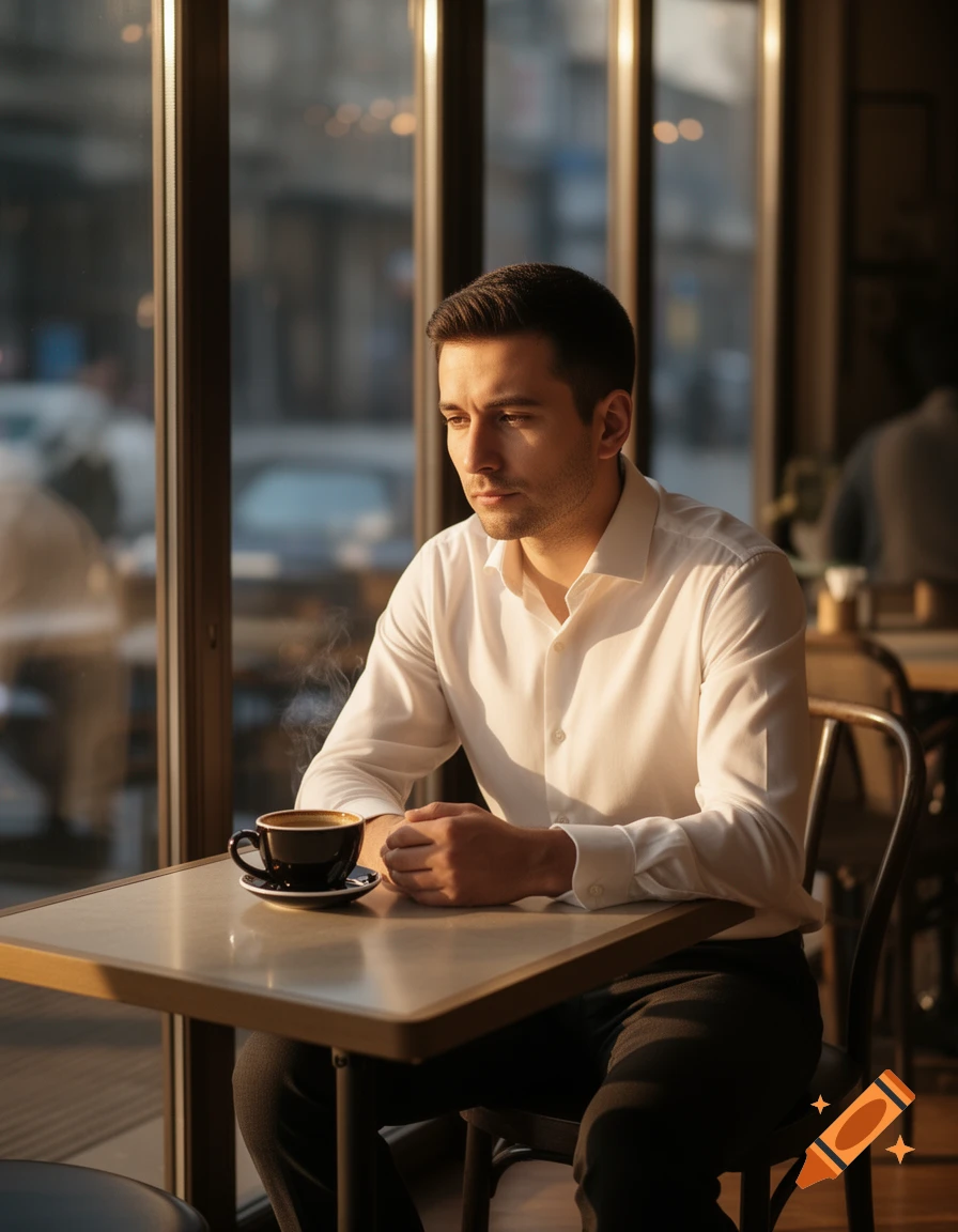 A man in a white shirt sits at a cafe table with a steaming coffee cup, looking out a window bathed in golden sunlight.