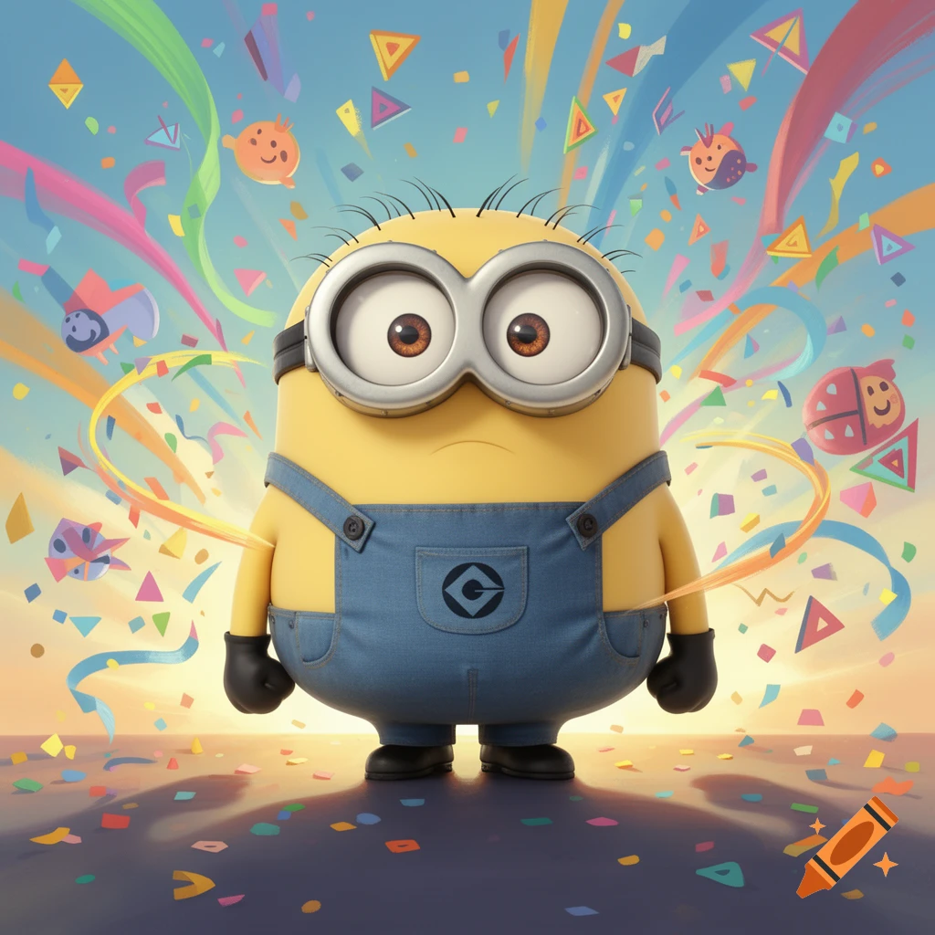 A 3D animated minion with a grumpy expression stands surrounded by colorful confetti and ribbons against a bright sky.
