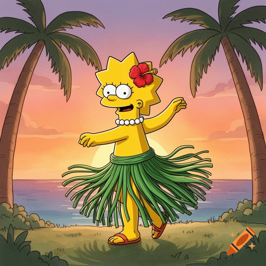 Lisa Simpson hula dancing on a tropical beach at sunset, surrounded by palm trees in a cartoon style.