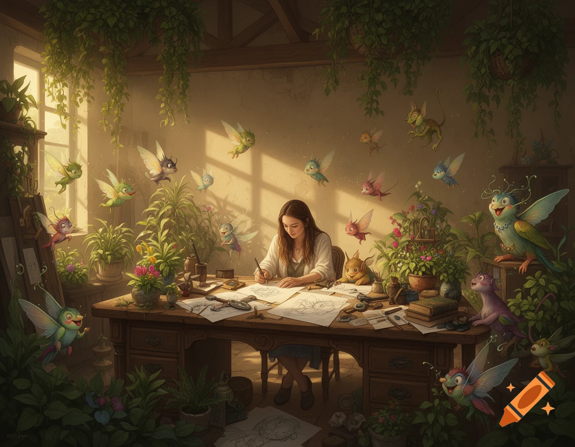 A fantasy illustration of a woman drawing sketches at a desk in a plant-filled room, surrounded by whimsical flying creatures.