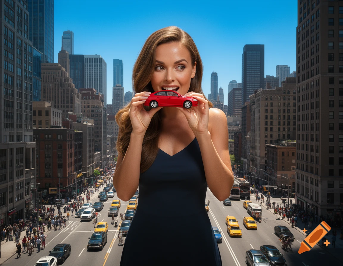 A giant woman in a black dress eats a red toy car, towering over a busy city street with skyscrapers.